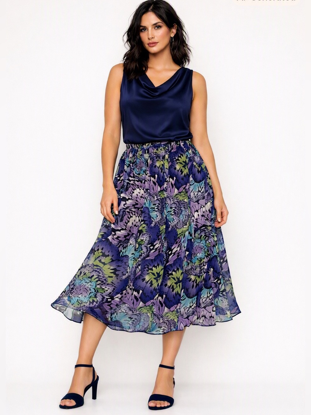 Butterfly Print Chiffon Midi Skirt Lined Romantic Y2K Notations Sz LP